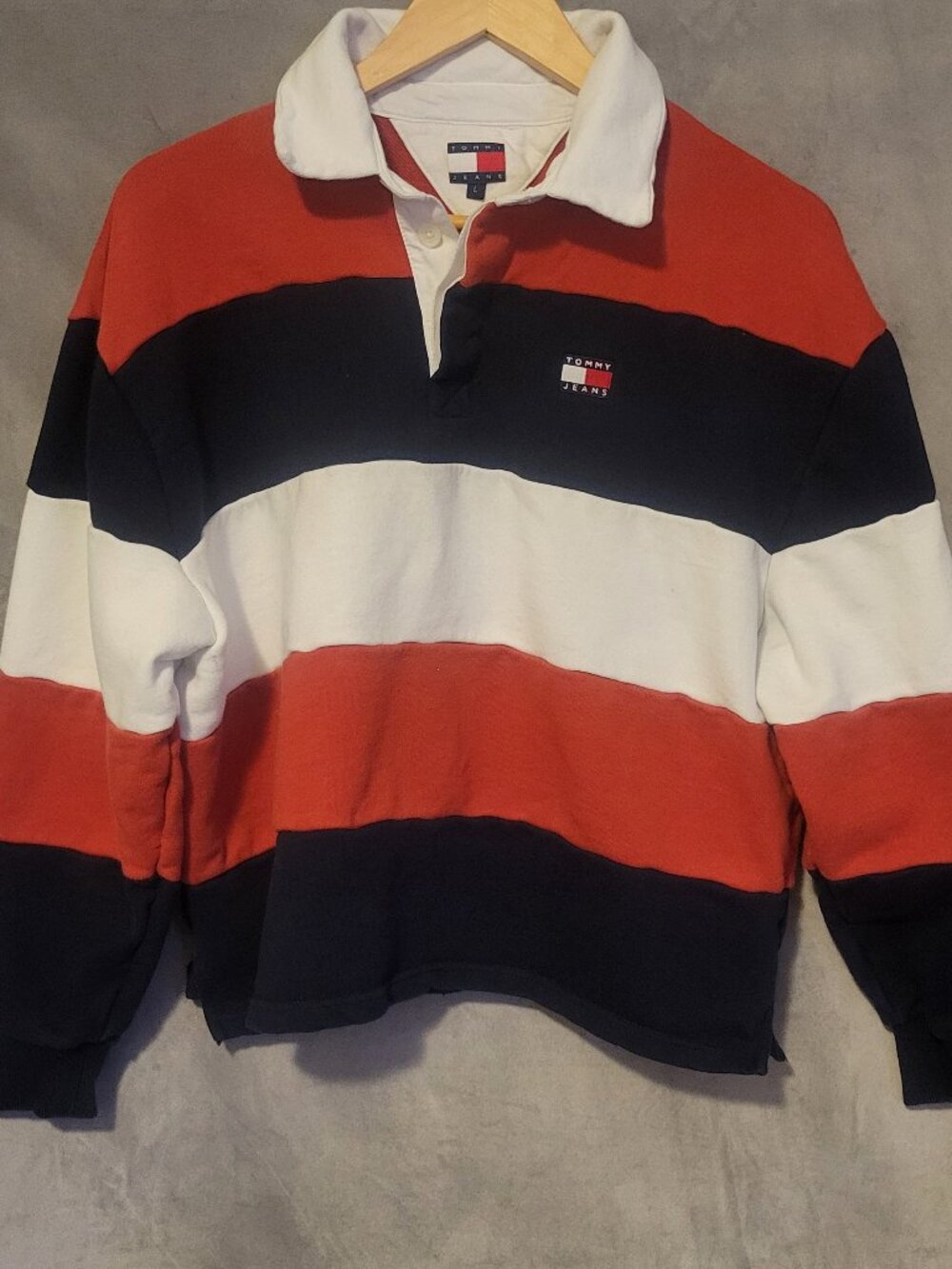 Tommy Jeans Red Navy White L Polo Shirt Striped Long Sleeve Collared Short